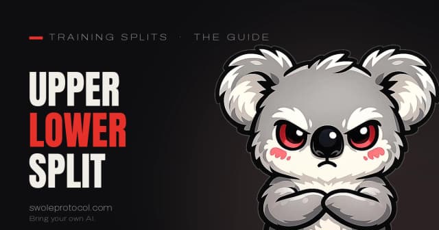 Grumpy koala mascot with arms crossed beside bold "Upper Lower Split" text — Swole Protocol's complete upper/lower split guide