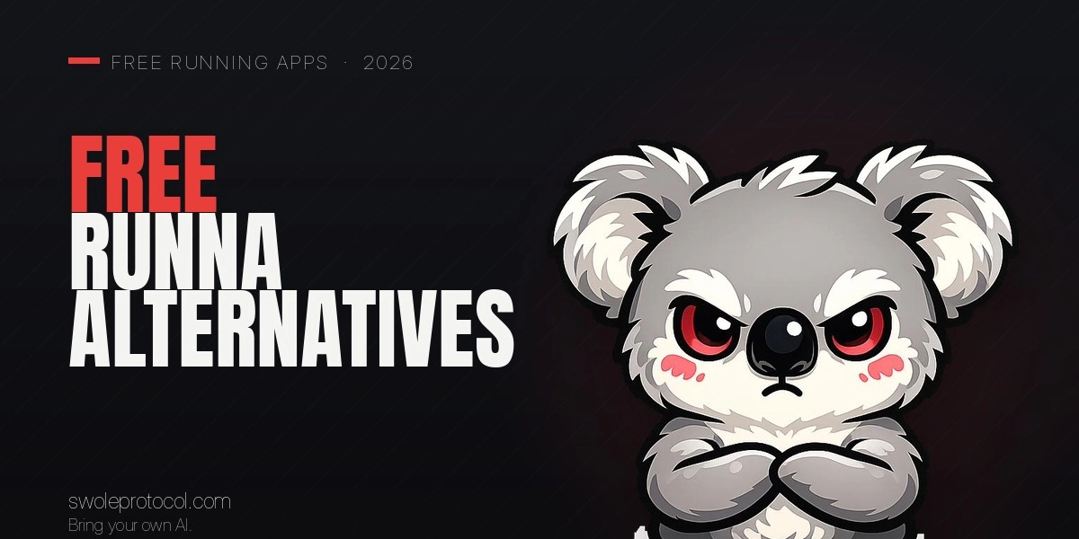 Grumpy koala mascot beside bold "Free Runna Alternatives" text — Swole Protocol's roundup of free running apps