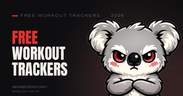 Grumpy koala mascot beside bold "Free Workout Trackers" text — Swole Protocol's roundup of the best free workout tracker apps in 2026