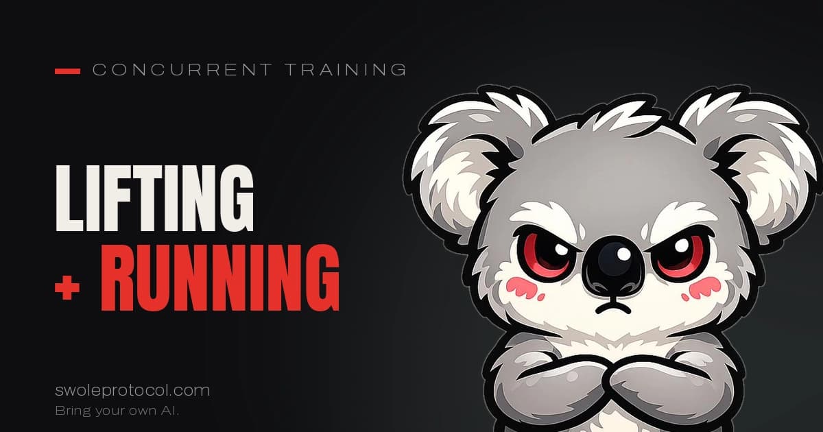 Grumpy koala mascot beside bold "Lifting + Running" text — Swole Protocol's guide to combining strength training and running