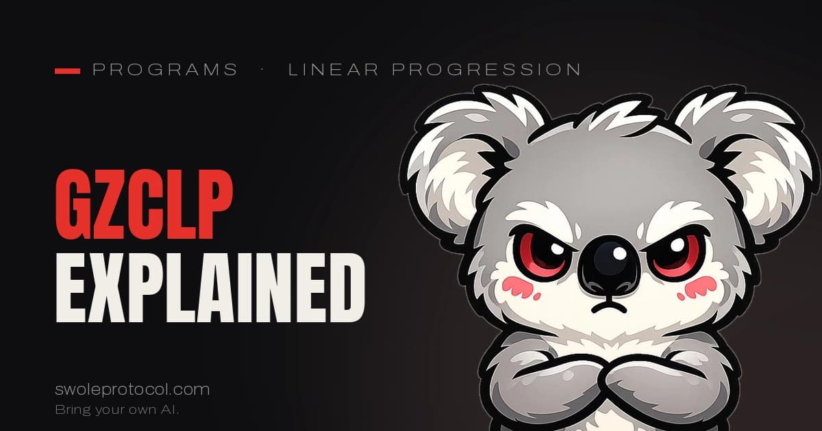 Grumpy koala mascot beside bold red "GZCLP Explained" text — Swole Protocol's complete GZCLP program guide