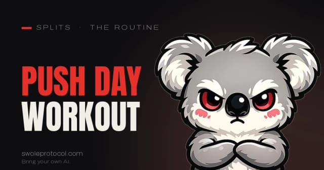 Grumpy koala mascot beside bold red "Push Day Workout" text — Swole Protocol's push day exercises and routine guide