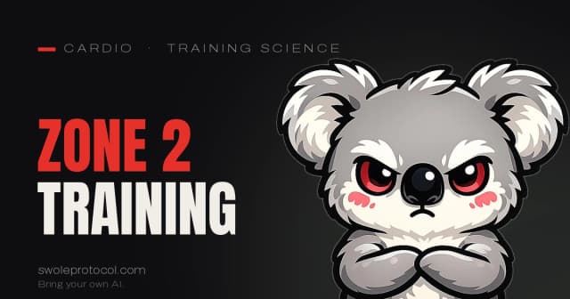 Grumpy koala mascot beside bold red "Zone 2" text — Swole Protocol's guide to Zone 2 training and how much you need