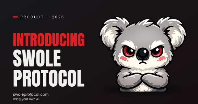 Grumpy koala mascot with arms crossed beside bold "Introducing Swole Protocol" text — persistent training memory for your AI